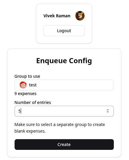 Input form selecting group and number of expenses to create
