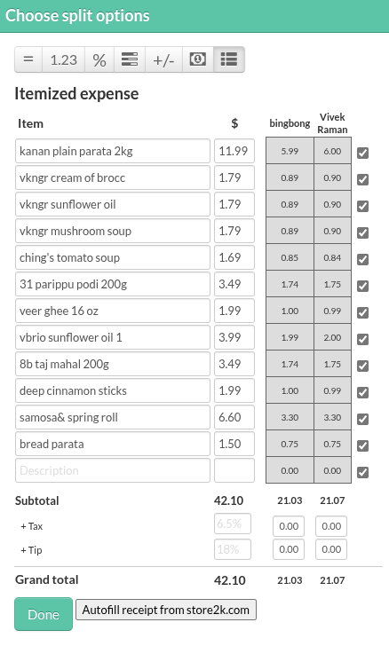 Autofilled items on Splitwise